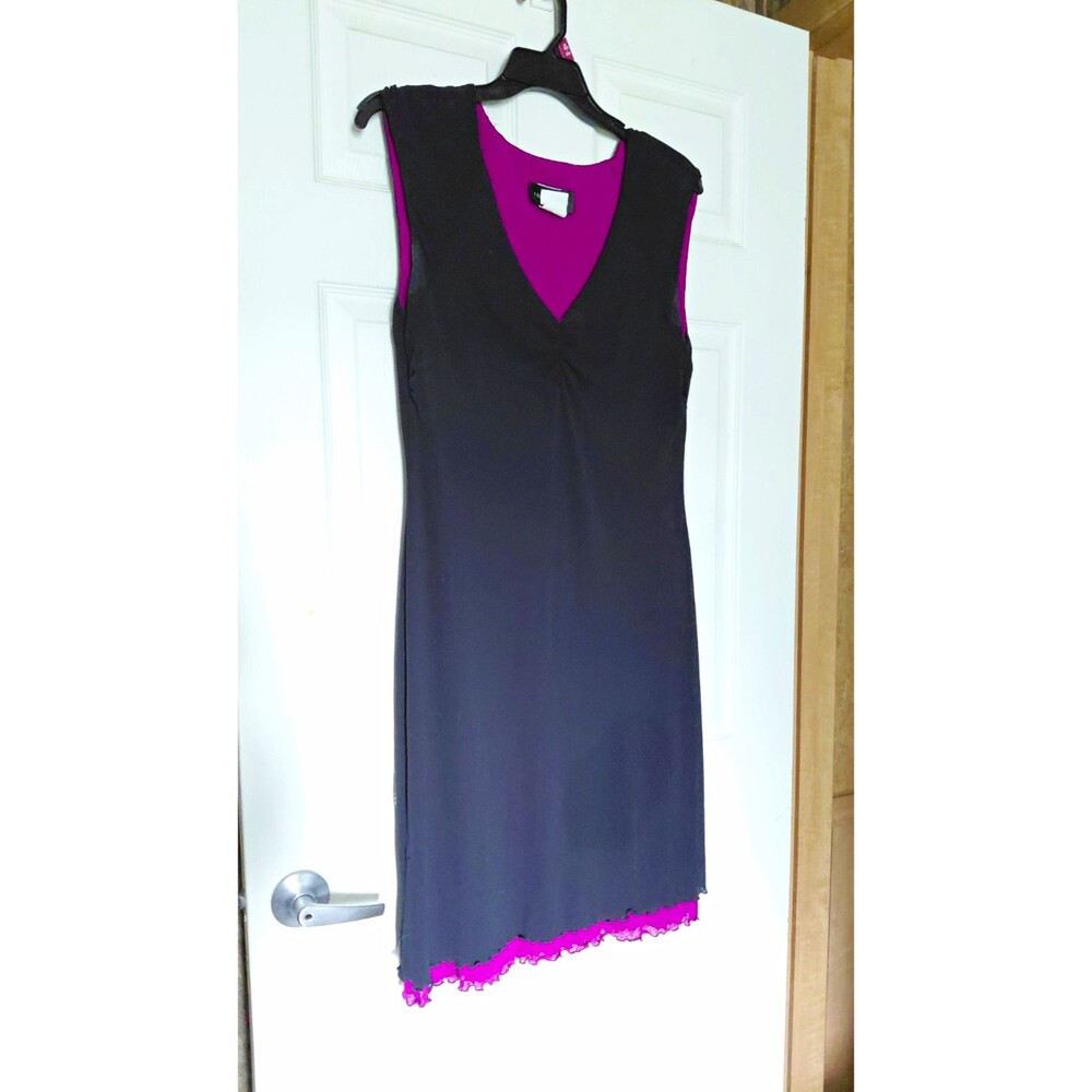 Connected Apparel Women's Black Purple Sleeveless V-Neck Lace Hem Dress 14